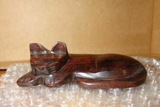 Vintage Hand Carved Dark Wooden Sleeping Cat Kitten Figurine Mahogany? Wood