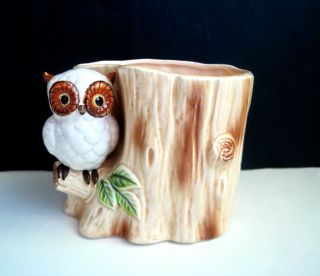 Vintage Owl Ceramic Planter Made In Japan White Baby Owl On Tree Stump Planter