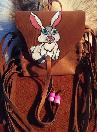 White Rabbit,  Handmade,  Painted Lambskin Medicine Bag,  With Fringe.