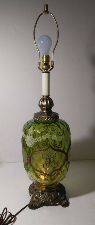 Vintage Hollywood Regency Green Glass & Brass Table Lamp - Allegheny - Ornate