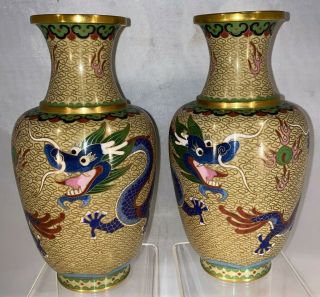 Antique Chinese Cloisonne Vases With Five - Toed Dragons & Flaming Pearl