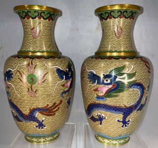 Antique Chinese Cloisonne Vases With Five - toed Dragons & Flaming Pearl 2