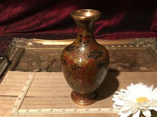 Antique Vintage Asian Brass Cloisonne Enamel Vase Floral Design 7 1/2 " X3 1/2 "