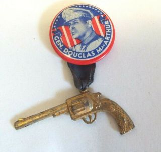 Vintage General Douglas Macarthur Political Military Button Pin W/ Gun Pistol