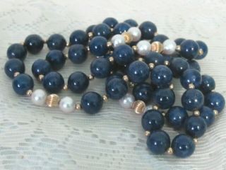 K4 Vintage Lapis Lazuli Blue Bead Pearl & Gold Bead 30 " Necklace