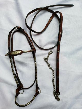 Vintage Yearling Show Halter & Lead W/ Rolled Leather & Sterling Silver Accents