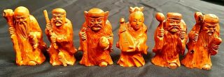 Set Of Six Antique Chinese Carved Hard Wood Figures Of Immortals C 1940