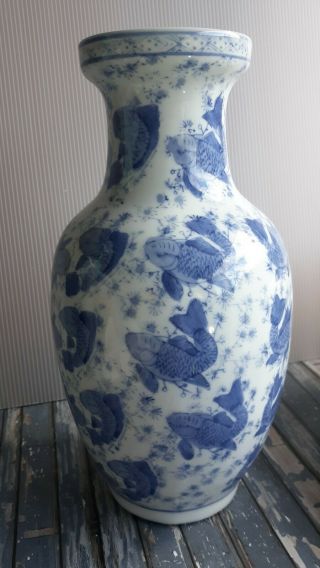 12 " Tall Large Vintage Chinese Blue And White Porcelain Vase Hand Painted Carp