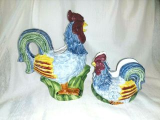 Set Of 2 Ceramic 9 1/2 " Rooster Pitcher/ Vase & 5 1/4 " Chicken Napkin Holder