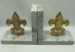 Vintage Boy Scout Bookends Marble And Metal Stands Bsa Scouts Be Prepared