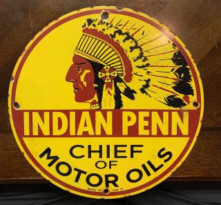 Vintage 1937 Indian Penn Chief Motor Oil Porcelain Gas Station Pump Sign