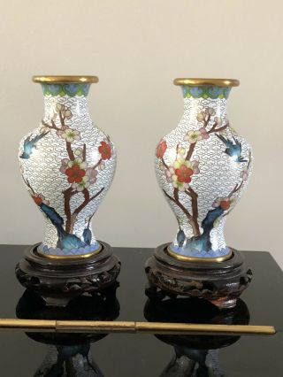 2 Antique Vintage Chinese Jingfa Cloisonné Vases Stand Prunus Bird White