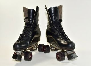 Vintage Riedell Quad Roller Skates Black Leather Boot Mens 9.  5 / Womens 11