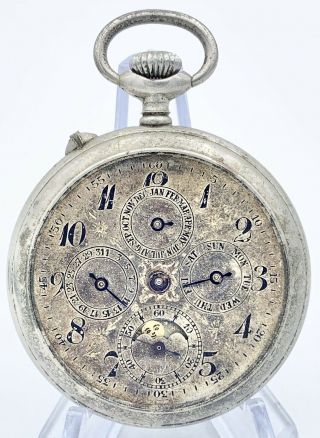 Vintage Swiss 18s Perpetual Calendar Moon Phase Pocket Watch Parts/repair