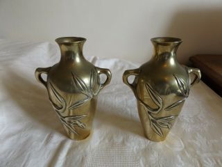 Antique Japanese Meiji Bronze / Brass Metal Vases 16 Cm Tall Art Nouveau