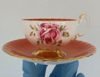 Vintage Aynsley Bone China Pink Cabbage Rose Peach Tea Cup & Saucer Look 1344
