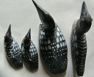 Miniature Wood Loon Family Set Of 4 Glass Eyes Two 2 " And One 3 " And One Flat 3 "