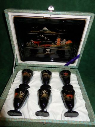 Japanese Vintage Wood Aizu Lacquer Set Of Tray & 6 Sake Wine Cups Hand Painted
