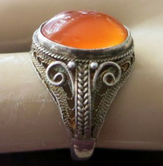 Sterling Chinese Export Ring W Carnelian - Adjustable Size 5.  5 To 8.  5