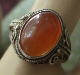 STERLING CHINESE EXPORT RING w CARNELIAN - ADJUSTABLE SIZE 5.  5 to 8.  5 2