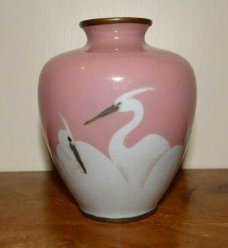 Japanese Musen Wireless Cloisonne Vase Pale Pink White Egret Meiji Taisho Period