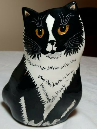 2001 Cats By Nina Lyman 8 " Tall Ceramic Vase,  Black & White Cat Tuxedo Cat