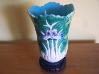 Chinese Hand Painted Porcelain Cabbage Leaf Vase With Butterflies Wooden Stand