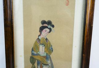 Antique Chinese Painting on Silk of Woman in Long Frame Signed 3