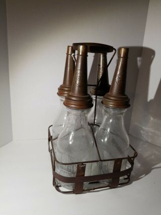 Vintage Glass Huffman 1 Quart Oil Bottles With Spouts And Carrier 4 Bottles