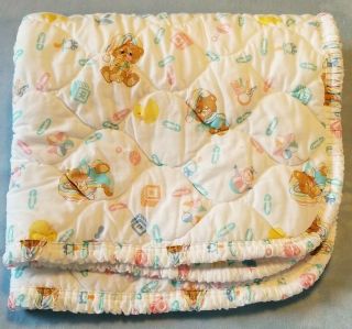 Vintage Teddy Beddy Bear Quilted Crib Blanket Riegel White Comforter