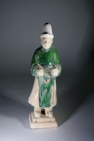 Antique Chinese Ming Dynasty Pottery Green Glazed Male Funerary Figurine