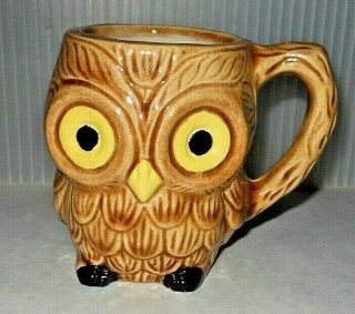 Mid Century Vintage Art Pottery Ceramic Brown Owl Mug Yellow Eyes