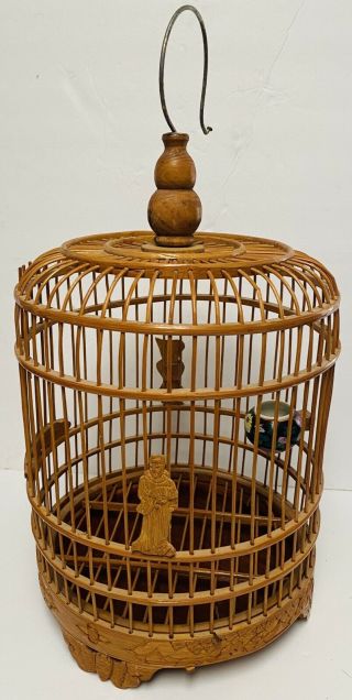 Antique Chinese Bamboo Bird Cage With Carvings And Feeder