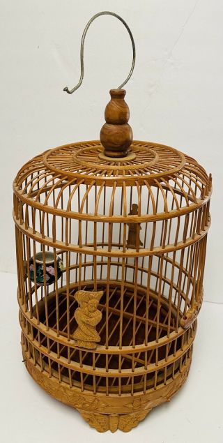 Antique Chinese Bamboo Bird Cage With Carvings And Feeder 2