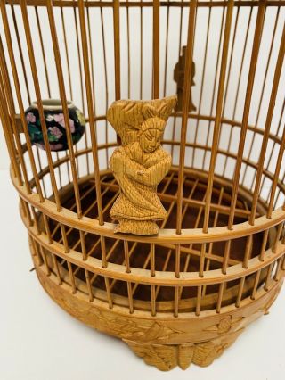 Antique Chinese Bamboo Bird Cage With Carvings And Feeder 3