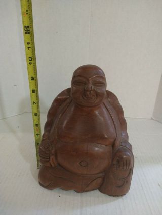 Antique Vintage Solid Wood Carved Buddha Laughing 10 " Statue