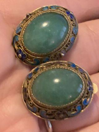 Antique Chinese Export Import Carved Jade Filigree Enamel Earrings Clip