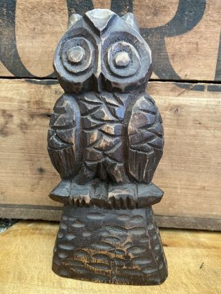 Primitive Rustic Hand Carved Wood Carving Owl Signed Curacao 8 1/2 "