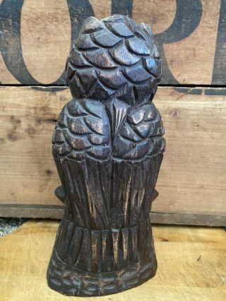 Primitive Rustic Hand Carved Wood Carving Owl Signed CURACAO 8 1/2 