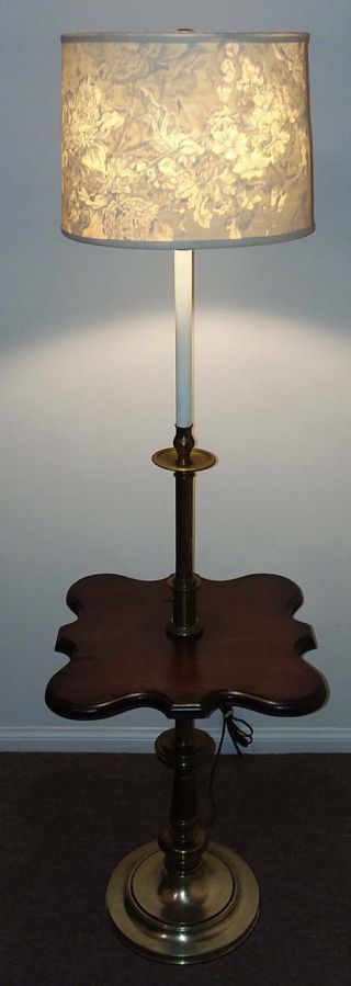 Vintage Stiffel Brass And Wood Table Floor Lamp With Shade Hollywood Regency Mcm