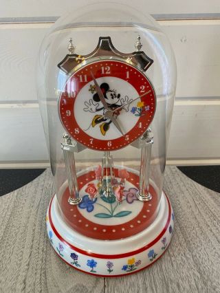 Rare Disney Minnie Mouse Anniversary Clock Glass Dome Porcelain Base Pink Roses