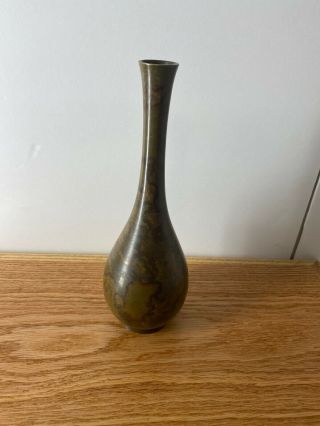 Vintage Bronze Japanese Dark Patinated Verdigris Long Neck Vase