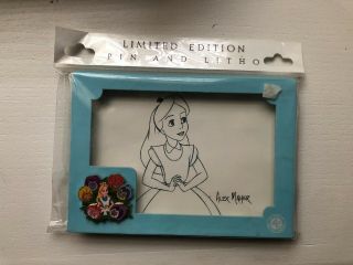 Vintage Disney Alice In Wonderland Pin And Lithograph Set Signed By Alex Maher
