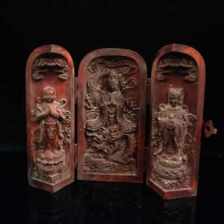 Chinese Antique Hand Carved Guanyin Buddha Three Doors Wood Box Statue M023
