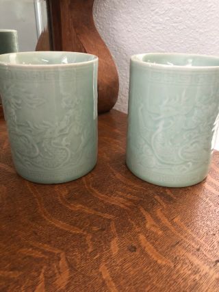 Antique Pair Chinese Porcelain Longquan ? Celadon Dragon Brush Pots / Vases