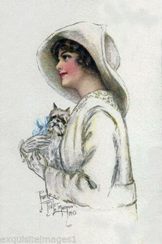 1912 Art Brussels Griffon Puppy Dog & Glamour Woman Large Note Cards