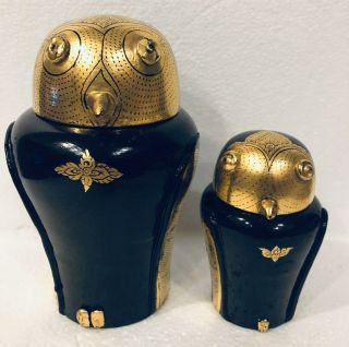 Set Of 2 Vtg Burmese Black Gold Lacquerware Owl Chinoiserie Jar Lacquer Bird Box