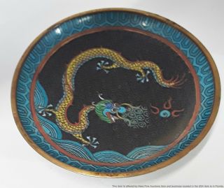 Antique Chinese Cloisonne Enamel Yellow 5 Toe Imperial Dragon Small Plate Bowl
