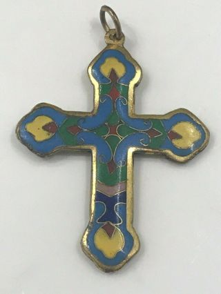 Antique Chinese Cloisonne 2 Sided Missionary Cross Pendant