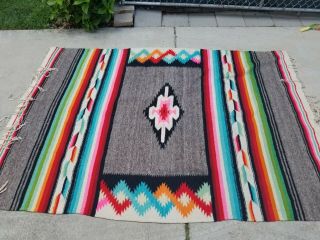 Vintage Mexican Serape Saltillo Wool Blanket Or Rug About 8ft X 6ft